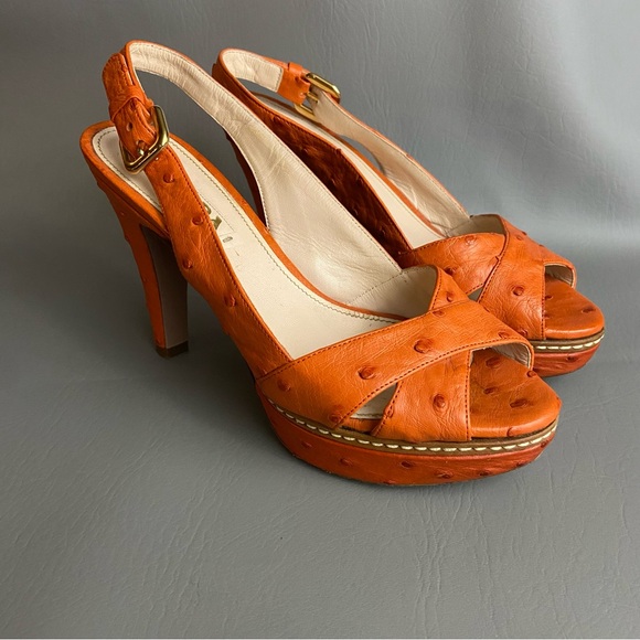 Prada Ostrich Slingback Platform Heels - Vibrant Orange- Size 37 EUC